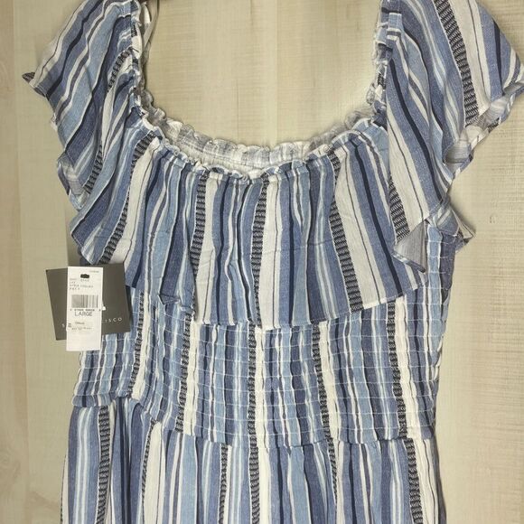 I. N. San Francisco blue and white striped shorts romper, ruffle, size large - Picture 11 of 16